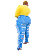 Adogirl Plus Size Side Tassel Holes Jeans Pencil Pants Women Sexy Distressed Hollow Out Tight Denim Trousers Fashion Streetwear