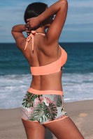 White Tropical Leaf Print Tie Two Piece Swimsuit