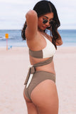 Khaki Contrast Color Block Wrap Bikini Swimsuit