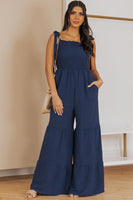 Tie Straps Shirred Casual Tiered Wide Leg Jumpsuit
