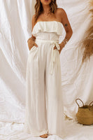 White Ruffle Bandeau Belted Casual Wide Leg Jumpsuit