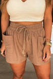 Brown Casual Drawstring High Waisted Shorts with Pockets